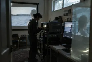 Technician adjusting a projection device in an archive where one image appears across a cinema screen, monitor, and glass panel.